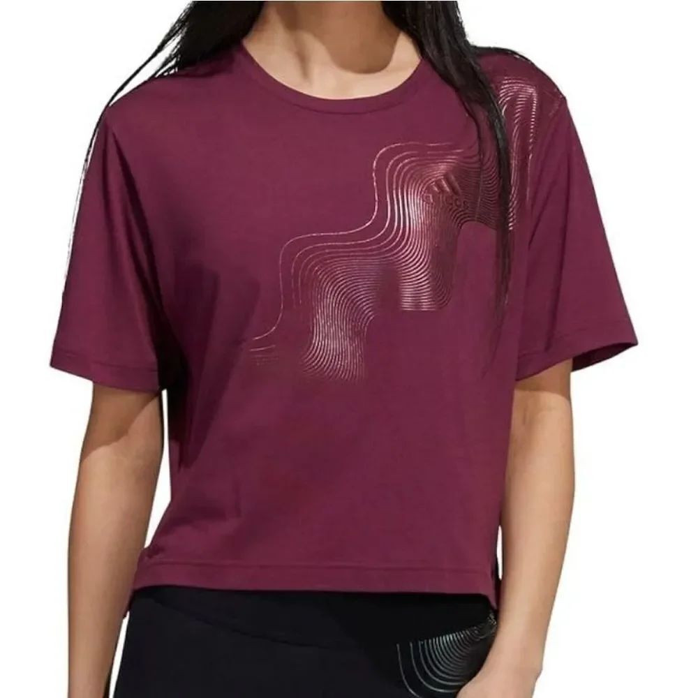 Adidas Women's Maroon Crewneck Short Sleeve Graphic Top